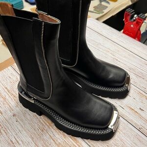 Black Leather Zipper-Trim Combat Boots with Metal Toe Caps